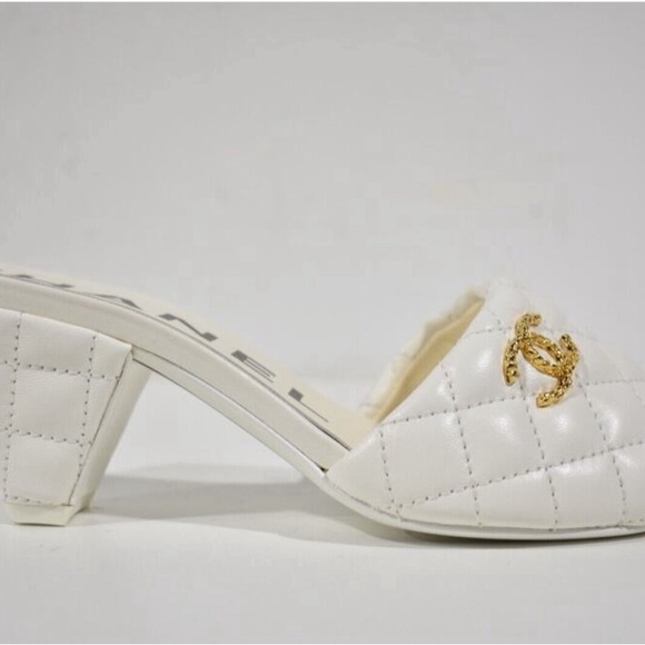CHANEL | Shoes | Chanel Rev White Lambskin Quilted Cc Gold Logo Cone ...